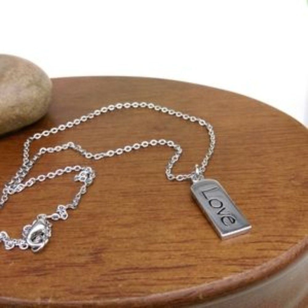 Love Tag Charm and Silver Tone Necklace